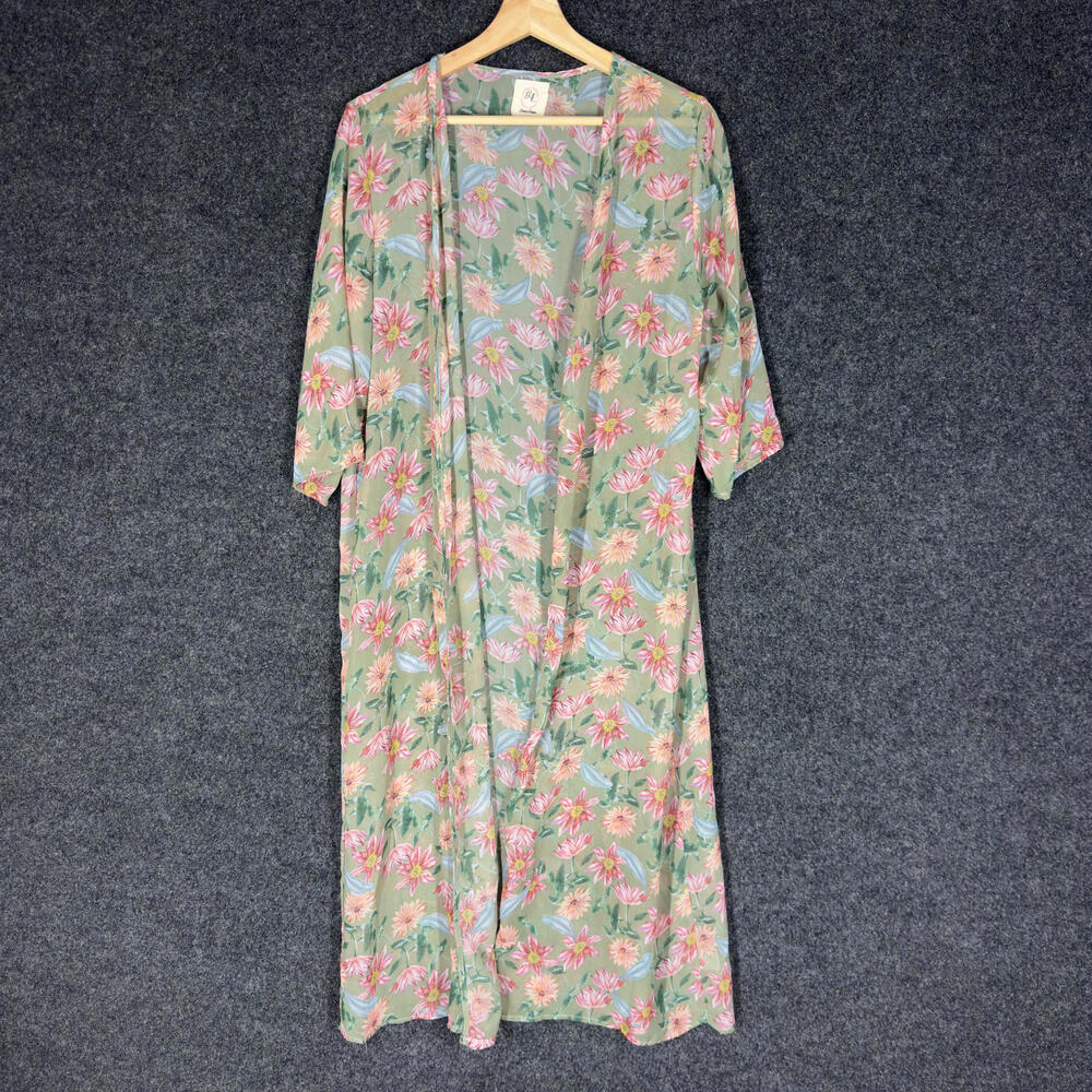 Grace & Emma Top Women S/M Green Floral Open Front 3/4 Sleeve Casual Breathable